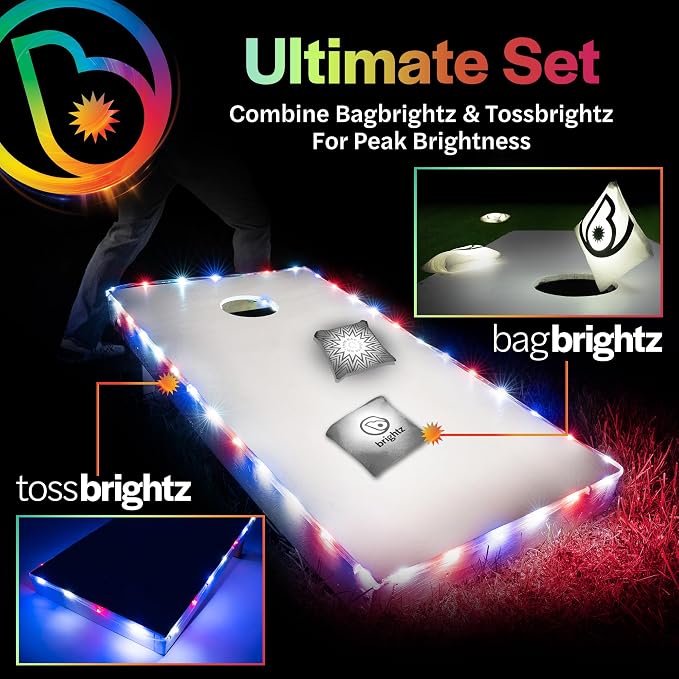 Brightz Cornhole Board Edge Lights with LED Bags - Includes 4-Pack of LED Cornhole Bags + TossBrightz Cornhole Board Edge Lights - The Ultimate Night Time Cornhole Master Set