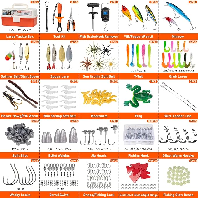 THKFISH 400PCS Fishing Lures Accessories Kit with Large 3-Layer Tackle Box Complete Freshwater Bass Fishing Gear Tools Set with Pliers, Fish Scale, Crankbait, Hooks, Weights Gift for Men (Orange)