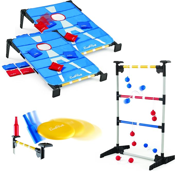 EastPoint 3-in-1 Tailgate Cornhole, Ladderball, Bottle Smash Combo Game - Blue - Versatile 3-in-1 Set for Outdoor Games - Portable Transport for Backyard