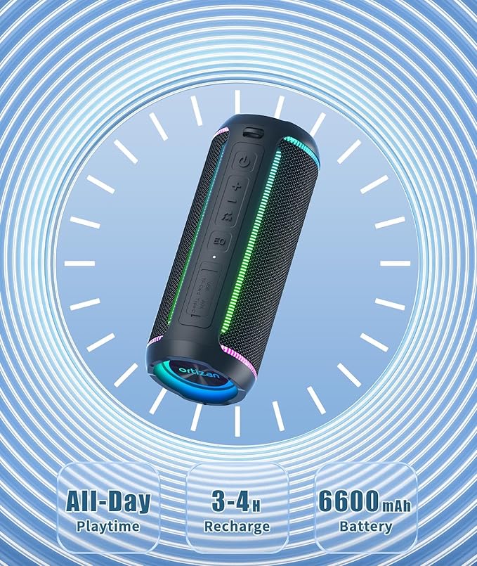 Ortizan X30 Portable Bluetooth Speaker (3rd Gen) – 40W Loud Bass for Pool Parties & Outdoor Adventures, IPX7 Waterproof, 30-Hour Battery, Beat-Synced LED Lights, Wireless Stereo Pairing, Black