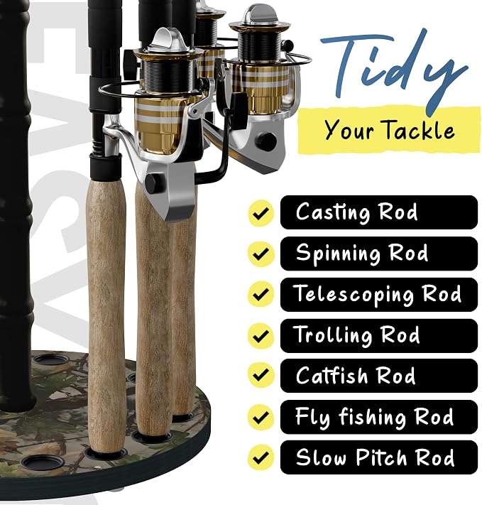 Rush Creek Creations 16-Rod Round Fishing Rod Holder for Garage, 360° Access Fishing Pole Holder for Fishing Rods, Reels, and Gear, Securely Holds 16 Rods, Camouflage