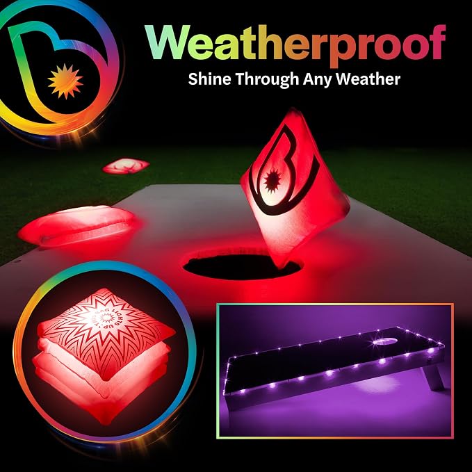 Brightz Cornhole Board Edge Lights with LED Bags - Includes 4-Pack of LED Cornhole Bags + TossBrightz Cornhole Board Edge Lights - The Ultimate Night Time Cornhole Master Set