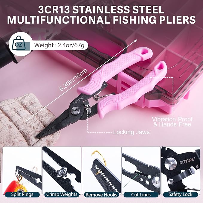 GOTURE Pink Fishing Tackle Box Set, Fishing Kit，12-in-1 Tackle Box Set with Stainless Steel Tools，Lures, Fishing Gift for Women & Beginners (Gift Ready)
