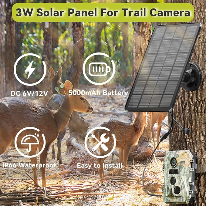 Trail Camera Solar Panel with Battery 5000mAh LIYVZ 3W Hunting Solar 2 Pack | DC 6V/12V Multi-voltage Output, 360° Adjustable, IP66, Perfect for Hunters / Wildlife Research / Remote Monitoring