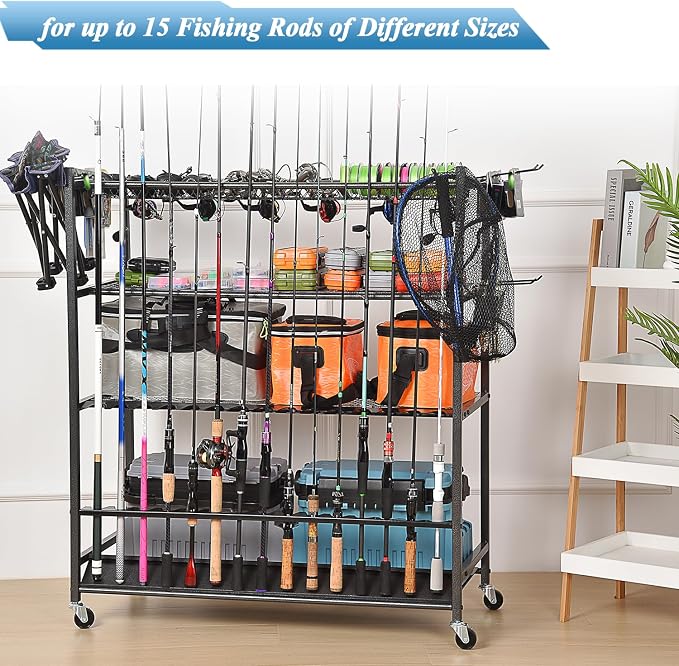 Fishing Rod Holder for Garage, Fishing Pole Holders for 15 Rods 38 * 17", Fishing Rod Rack Basement, Fishing Pole Rack Metal Black with Big Wheels, 4-Tier