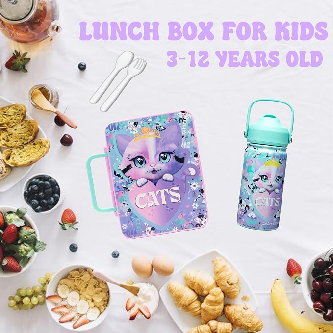 Lunch Box Kids Bento Box for Girls with Ice Pack,Lunch Bag,Stainless Steel Water Bottle Set Utensils Set Food Container for School Cat Girls Lunch Boxes Kids Back to School Supplies