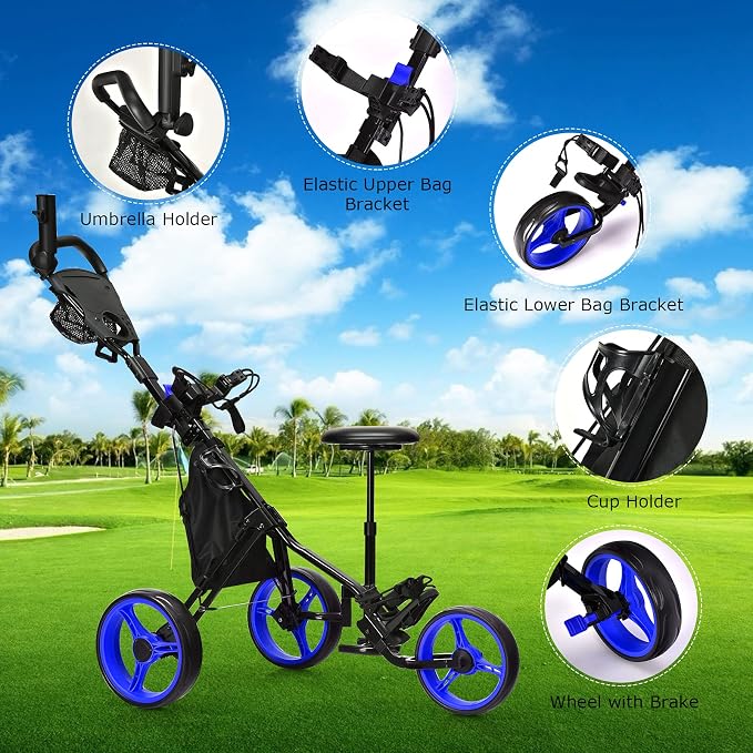 GYMAX Foldable 3-Wheel Height Adjustable Lightweight Golf Caddy Cart with Umbrella Holder, Hydraulic Seat, Storage Bag & Cup Holder