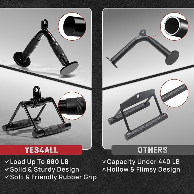 Yes4All Cable Machine Attachment, Row Handles, Tricep Rope, Straight Bar, V Bar, LAT Pulldown Accessories Load 880 LB for Home Gym