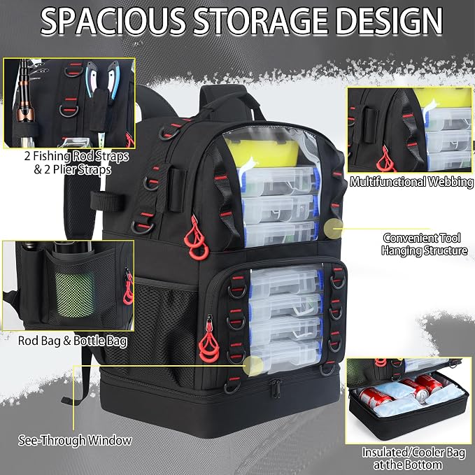 Fishing Tackle Backpack with Cooler,45L Large Tackle Bag with 2 Rod Holders & Clear Window,Outdoor Fishing Backpack for Fishing,Camping,Hiking,Black