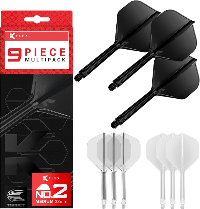 Target Darts K-Flex Integrated Dart Flights and Shafts, Kflex 9 Pack Bundle, Multipack - K Flex 3 Colours | Black, White, Clear, Red, Green, Blue, Pink, Orange, Yellow | Short, Intermediate, Medium