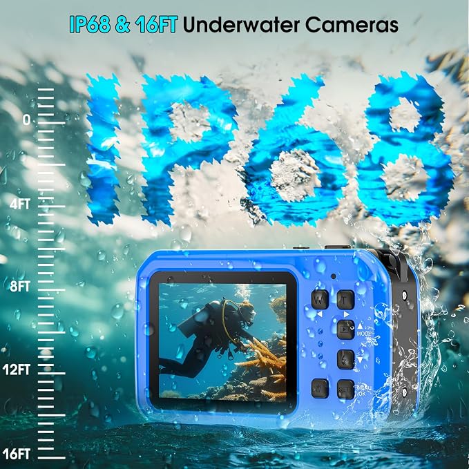 4K Underwater Camera, 64MP 16FT Waterproof Digital Camera with 16GB Card, Autofocus Floatable Waterproof Camera with IPS HD Screen, 16X Digital Zoom, Fill Light, for Snorkeling, Surfing, Swimming