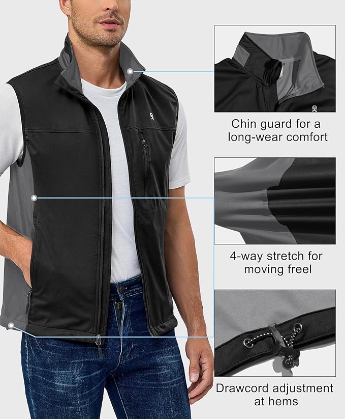 Little Donkey Andy Men's Lightweight Softshell Vest, Windproof Sleeveless Jacket for Running, Hiking, Cycling, Golf
