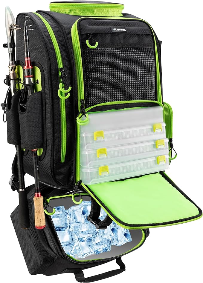 BLISSWILL Large Fishing Backpack with Cooler for 3 Tackle Boxes - Fishing Bag with Rod Holders for Camping and Hiking