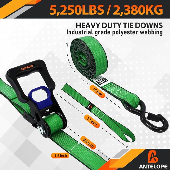 Ratchet Tie Down Straps Set, 5250 LBS Breaking Strength, 4 Pack 1.5" x 15' Heavy Duty Ratchet Straps, Cargo Strap, Motorcycle Straps for Trucks, Bicycle, Kayak, Moving, Tie Downs with S Hooks, Green