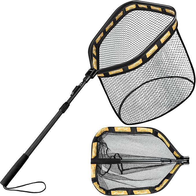 PLUSINNO Floating Fishing Net for Steelhead, Salmon, Fly, Kayak, Catfish, Bass, Trout Fishing, Rubber Coated Foldable Landing Net with Fixed or Telescoping Pole Handle, Fishing Gear and Gifts for Men