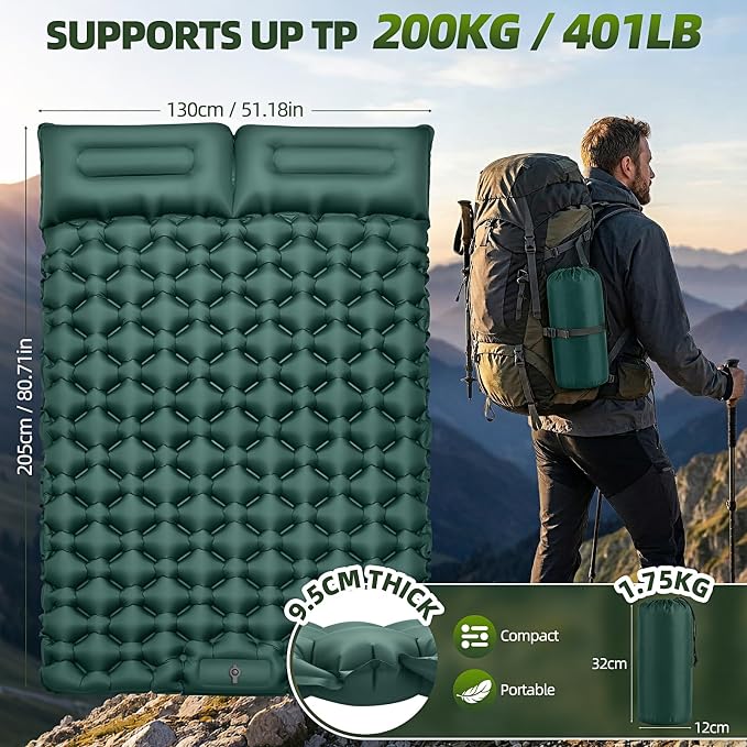 Double Camping Sleeping Pad, 4" Extra Thick 2 Person Inflatable Sleeping Pad with Built-in Foot Pump & Pillow, Self Inflating Camping Mattress for Tent, Backpacking, Hiking, Travel, RV（Dark Green）