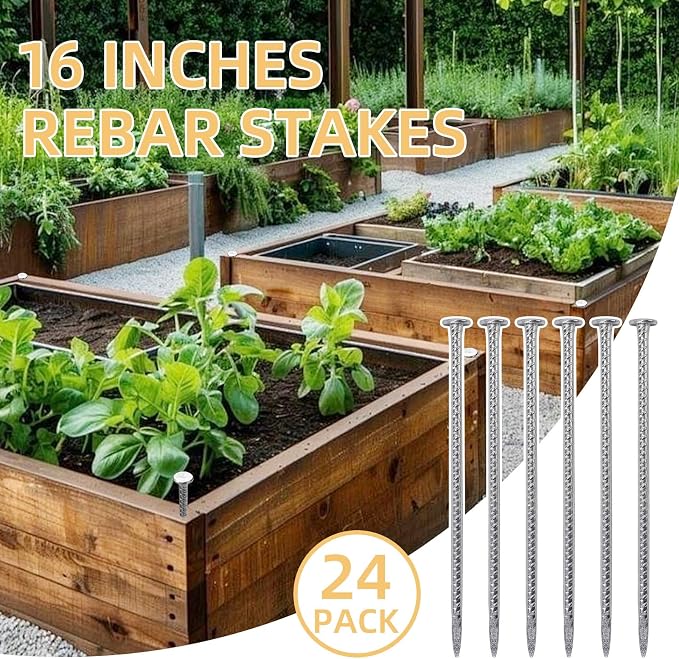 16 Inch Rebar Stakes, 1/2 Inch Diameter Galvanized Steel Ground Anchors, Heavy Duty Metal Spikes for Speed Bump, Wheel Stop, Parking Curb and Tent (24 Pack, Silver)