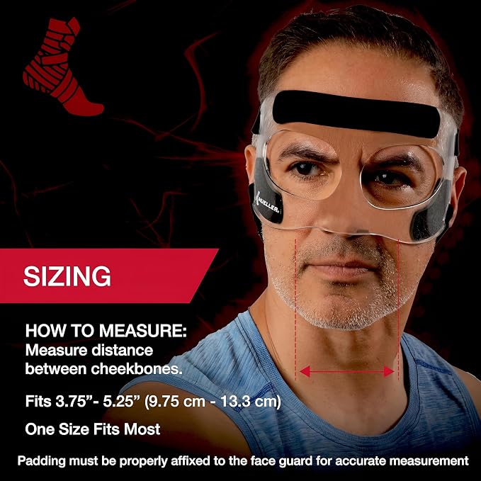 MUELLER Sports Medicine Face Mask for Men & Women, Adjustable Clear Face Guard, Nose & Cheek Protection for Basketball & Cosmetic Procedures, Shatterproof with Foam Padding, One Size
