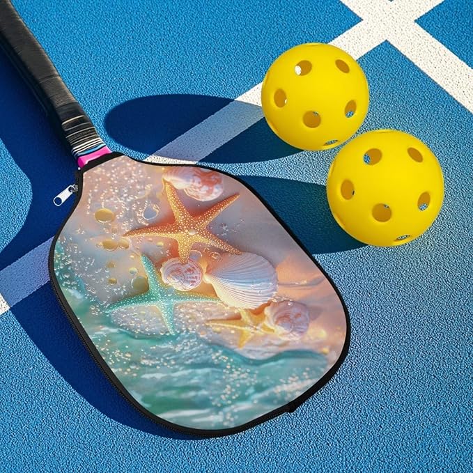 Beach Starfish Seashells Pickleball Paddle Covers Pickle Ball Rackets Cover 4 Pack Pickleball Racket Sleeve Zippered Paddle Case for Most Standard Pickball Paddles Birthday Gifts