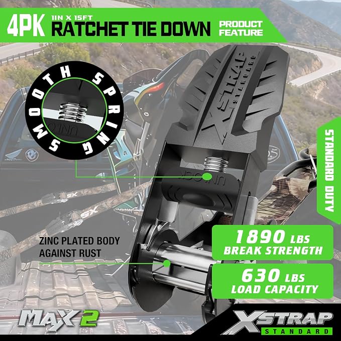 XSTRAP STANDARD 4-Pack Ratchet tie-Down Straps (1" x 15 ft) Feature Integrated Soft Loops, Padded Handles, Coated S-Hooks with Safety Clips, 1890 lbs Break Strength for Motorcycles, Trucks(Camouflage)