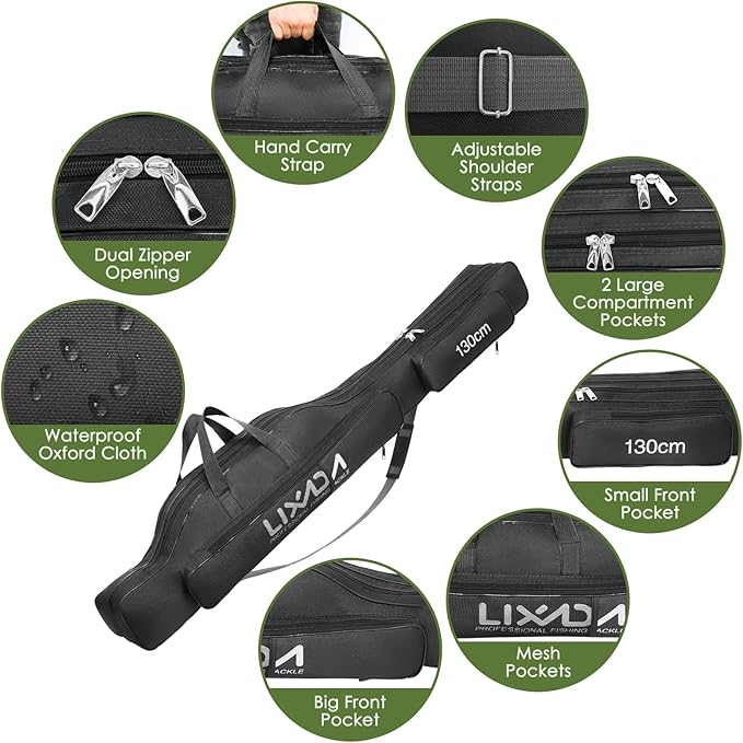 Lixada Fishing Rod Case, Portable Folding Fishing Rod Case Fishing Pole Reel Storage Bag Fishing Gears Organizer