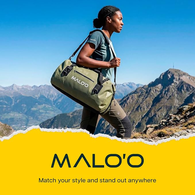 Malo’o Waterproof Dry Duffel, Heavy-Duty Roll Top Waterproof Gear Bag with Shoulder Strap & Molle Loops, Marine Duffel for Kayaking, Boating, Camping, Beach & Travel, Dark Green, 40L