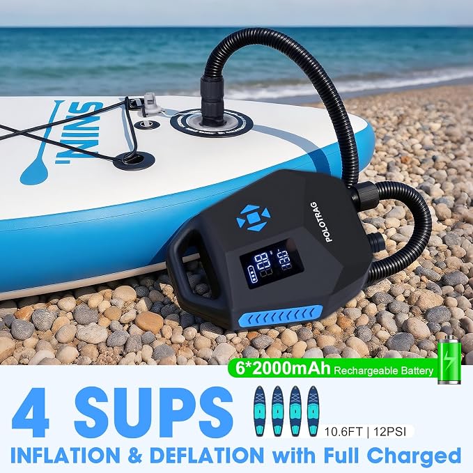 Polotrag Paddle Board Pump, SUP Pump Electric Portable with Auto-Off/Deflation, Dual Stage 12V DC Car Connector Air Pump for Inflatables, Kayak and Air Mattress