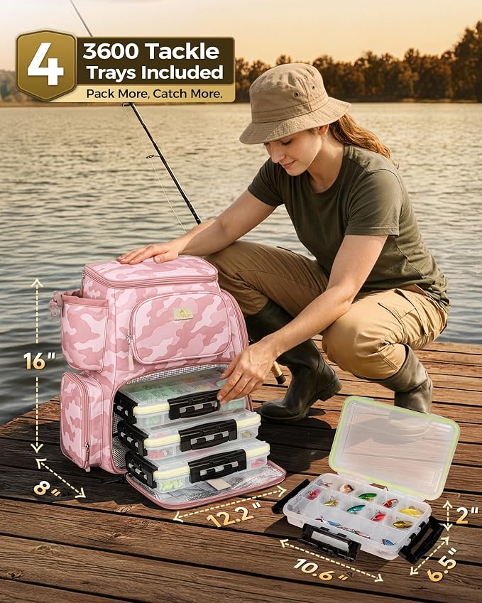 MATEIN Pro Fishing Backpack with 4 Tackle Boxes, 3600 Tackle Box Backpack | Fishing Bag with Rod Holder, Tackle Backpack with Large Side Gear Storage & Insulated Cooler Compartment, Fishing Gifts