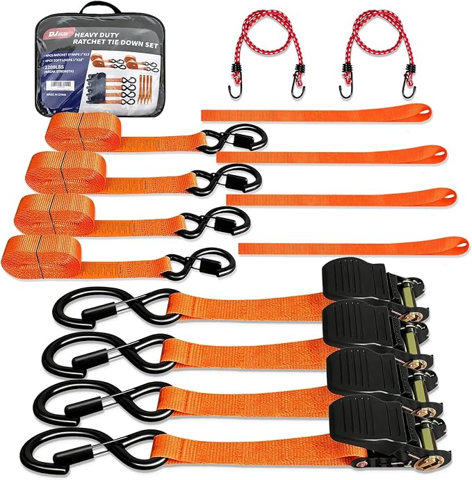 Heavy Duty 1" x 15' Ratchet Straps (4 Pack) - 2200 lb Break Strength with Soft Loops & Coated S-Hooks for Truck, Trailer, Motorcycle, ATV, UTV, Boat, Car Accessories (Orange)