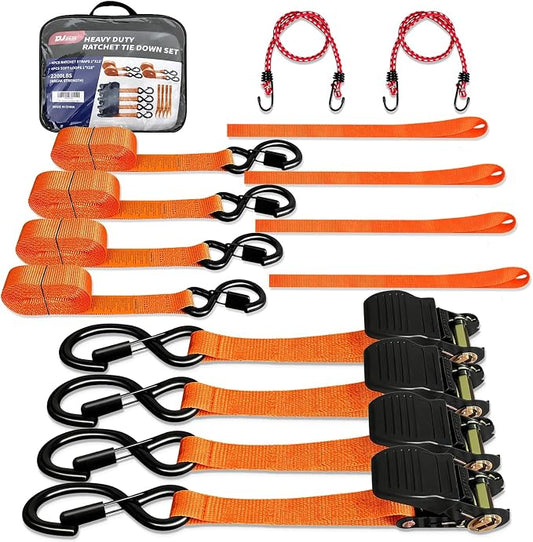 Heavy Duty 1" x 15' Ratchet Straps (4 Pack) - 2200 lb Break Strength with Soft Loops & Coated S-Hooks for Truck, Trailer, Motorcycle, ATV, UTV, Boat, Car Accessories (Orange)