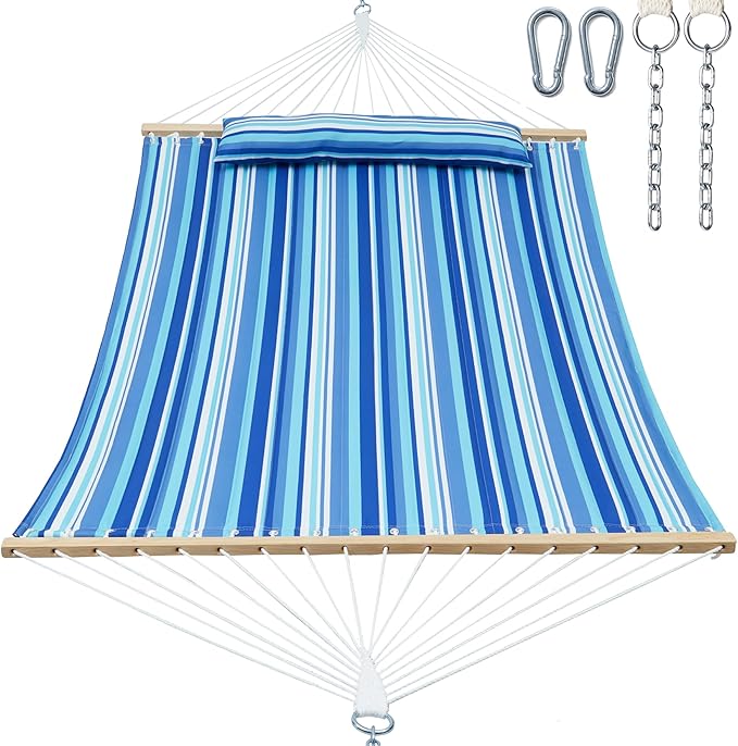 GAFETE Hammock 2 Person Quilted Fabric Hammocks for Outside, Double 12ft Hammocks with Spreader Bar, Large Removable Pillow, Storage Bag, Carabiners, Max 475 lbs Capacity (Ocean Blue)