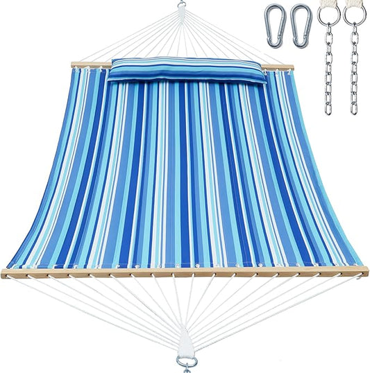 GAFETE Hammock 2 Person Quilted Fabric Hammocks for Outside, Double 12ft Hammocks with Spreader Bar, Large Removable Pillow, Storage Bag, Carabiners, Max 475 lbs Capacity (Ocean Blue)