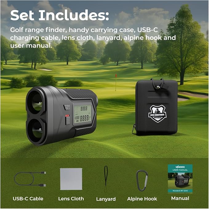 WanderS Golf Rangefinder, Slope Switch On/Off, 1200 Yards Laser Range Finder, Flag Lock Vibration, 6X Magnification, Tournament Legal, Side Display, Rechargeable Battery, Golf Accessories, Men/Women