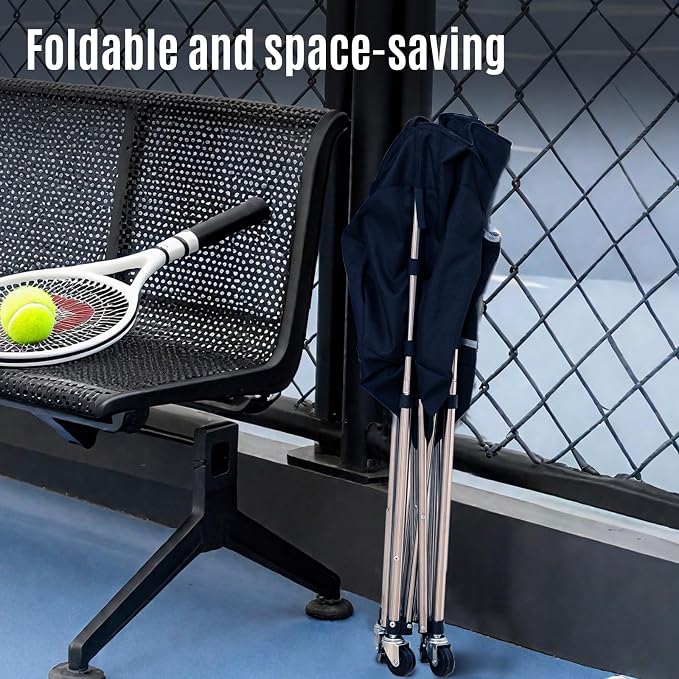 Tennis Ball Cart with Wheels & Brake (180 Capacity) – Heavy Duty Stainless Steel Frame with Detachable Washable Bag – Foldable Travel Hopper for Tennis & Pickleball, Portable Carrier