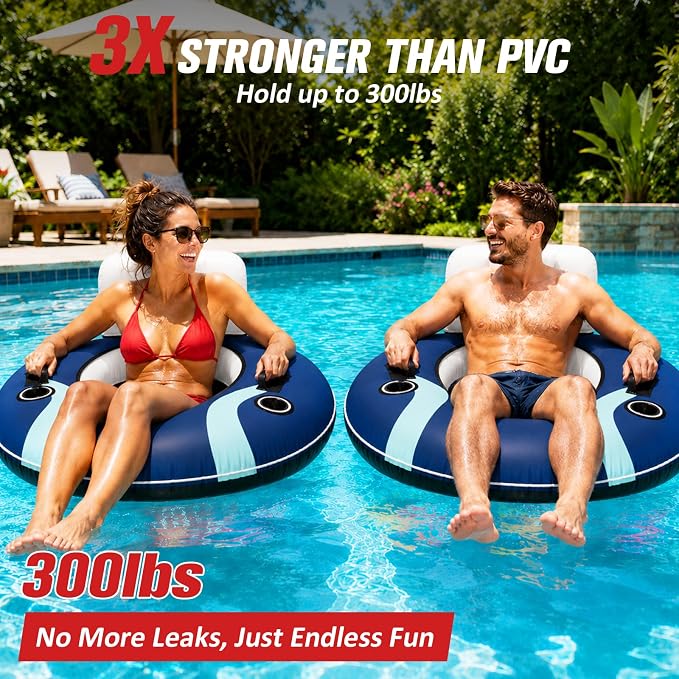 ZEALFEEL River Tube, 53'' River Float Tube with Premium Canvas Cover, Comfortable Backrest, 2 Built-in Cup Holders, Tow Strap & Handles, Inflatable PVC Water Inner Tubes for Adults Lake Pool Floating