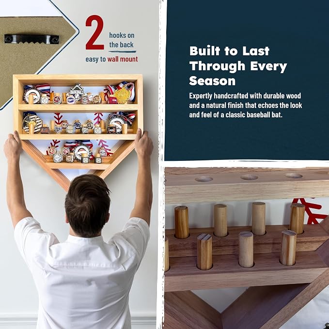 Baseball Championship Ring Display Case – Fully Customizable Baseball Ring Holder with 39 Removable Pegs & 3 Shelves – Gifts for Kids – Designed in the U.S.