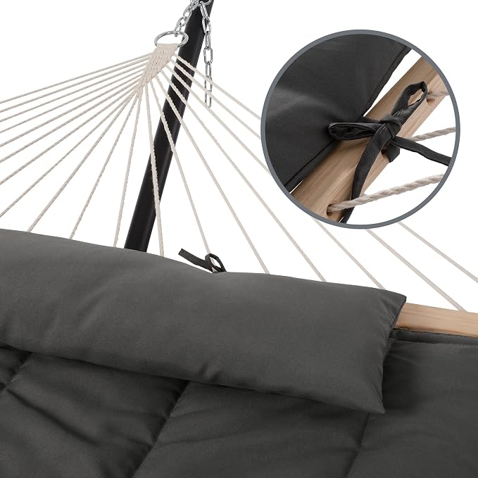 SUNCREAT Double Outdoor Hammock with Stand, Carrying Bag, Two Person Cotton Rope Hammock with Polyester Pad, Dark Gray