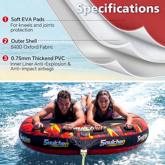 Soulchen Thriller Style Inflatable Towable Tube for Boating, 1-2 Rider Models Water Tubing Tube Full Nylon Cover for Water Sports, Safety Speed Valve for Easy Inflating Deflating