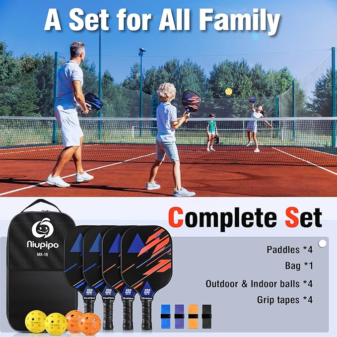 niupipo Pickleball Paddles Set of 2 or 4, USAPA Approved Fiberglass Pickleball Paddle Set with Balls and Bag, Polypropylene Honeycomb Core, Lightweight Pickleball Paddles for Beginners Men Women