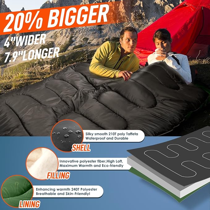 MEREZA Double Sleeping Bag for Adults Mens with Pillow, XL Queen Size Two Person Sleeping Bag for All Season Camping Hiking Backpacking 2 Person Sleeping Bags for Cold Weather & Warm