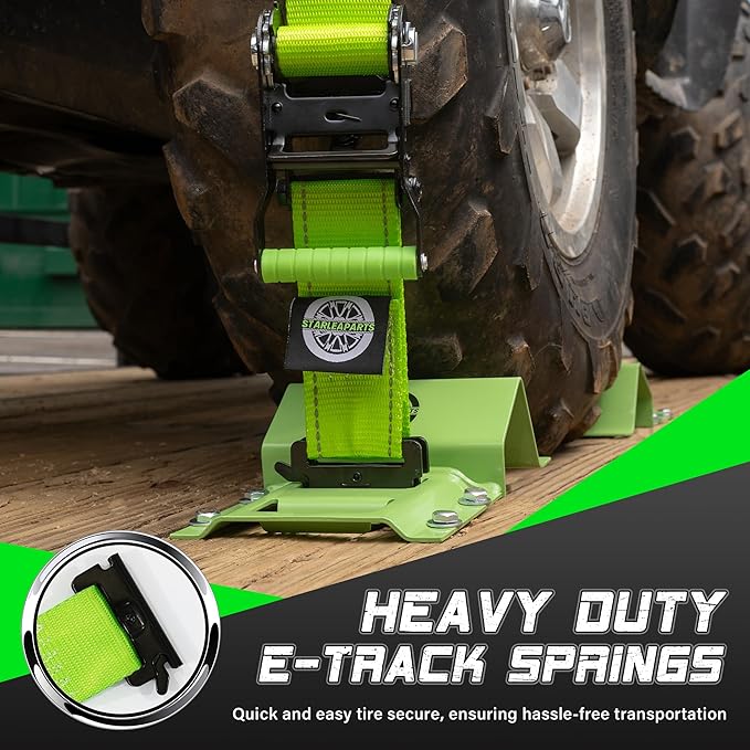 Heavy Duty Wheel Chock Tie Down Straps Set (2PK) - 4,400lb Guaranteed Max Break Strength, (2) 2" x 6' Trailer Tire Straps with (4) Wheel Chocks for ATV, UTV or Tractors