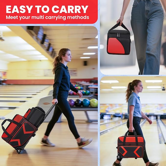 3 Ball Bowling Bag with Wheels, Rolling Bowling Bag 3 Ball Roller with Multi-pocket & Shoe Compartment (Up To US Men Size 16), 2 Ball Bowling Roller Bag PLUS 1 Ball Tote