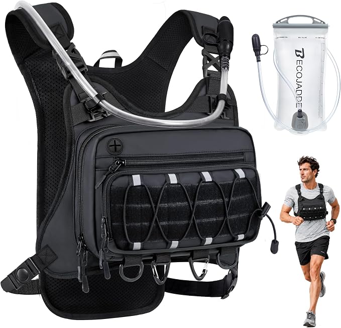 BECOJADDE Running Vest for Men with 2L Water Bladder Tactical Hydration Backpack Adjustable Lightweight Chest Pack for Marathon Hunting Cycling