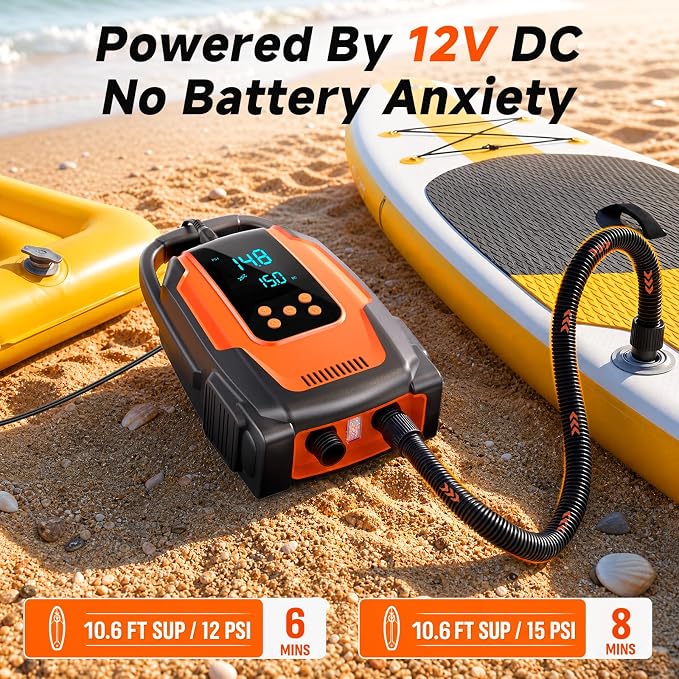 Paddle Board Electric Pump, 50 PSI High Pressure SUP Pump with Auto-Off, 12V DC Paddleboard Pump with Inflation & Deflation, 8 Nozzles Air Pump for Paddle Board, Inflatables, Kayaks, Car Tires