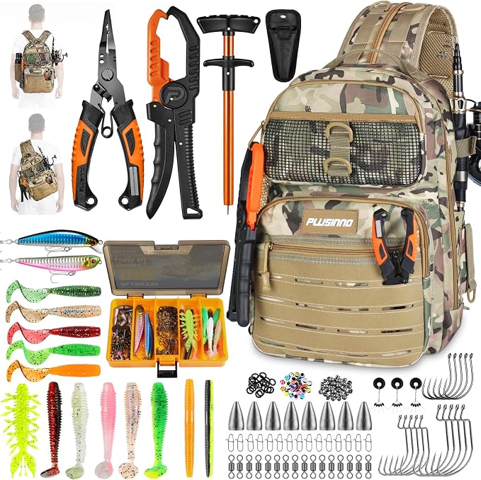 PLUSINNO Fishing Gear Fishing Backpack with Tackle Box, Waterproof tackle Backpack with Rod Holders, Lures, Tools, Pliers & Accessories, Fish Gifts for Men