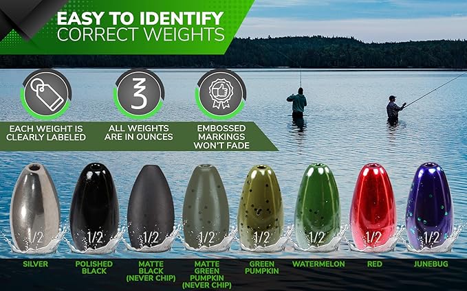 Reaction Tackle Tungsten Flipping Weights for Bass Fishing - Sinkers for Punching Heavy Cover - Fresh & Saltwater - Texas/Carolina Rigs - Size Stamped