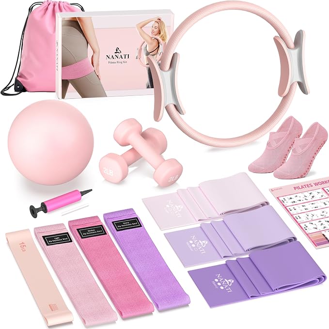NANATI Pilates Kit, Home Pilates Workout Kit for Women, Pilates Equipment with 14.5" Pilates Ring and Ball, Resistance Bands, Dumbbells & Grip Socks for Home Workouts