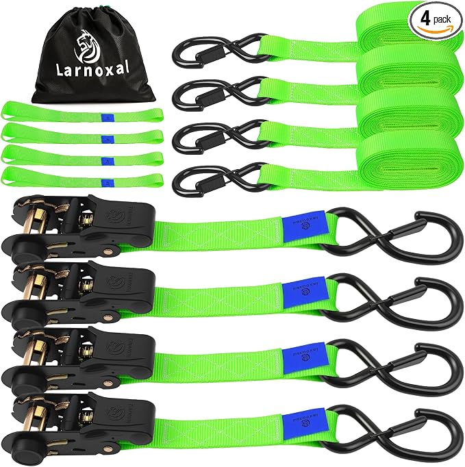 Ratchet Straps 4 Pack - 1,826 Lbs Break Strength 1 in x 15 Ft Medium Duty Ratchet Tie Down Straps with S Hooks Set for Truck, Cargo Van, Trailer, Motorcycle (Green)