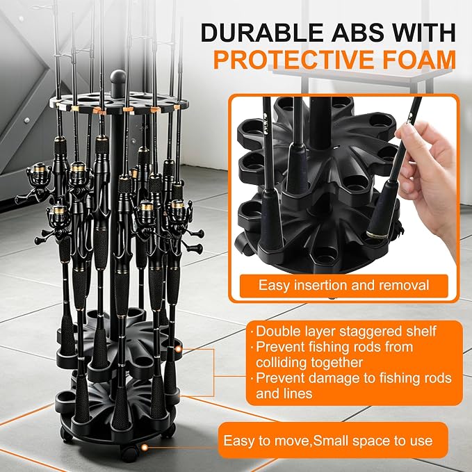 Rotating Fishing Rod Holder & Pole Holders for Garage, 360° Floor Rack Holds Up to 16 Rods/Combos, Fishing Gear & Accessories Storage, Gifts for Men Dad Husband, Garage Organization