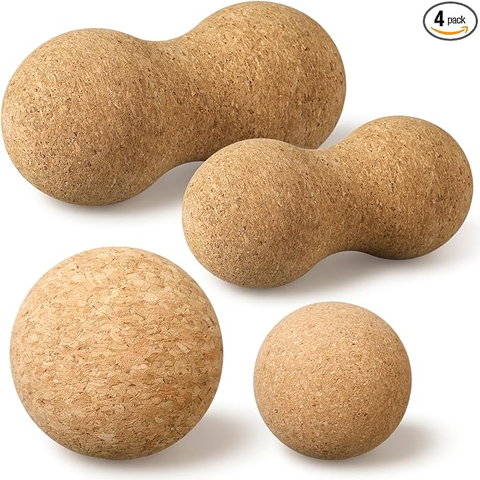 4 Pcs Cork Massage Ball Set Peanut Double Lacrosse and Spherical Massage Balls for Muscle Pain Relief Stress Travel Yoga Therapy
